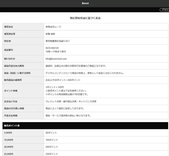 IPアドレスが似ているブーストの特商法に基づく表記